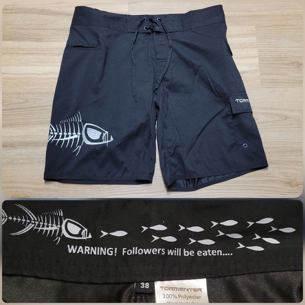 Tormenter Mens Size 38 Board Shorts Swim Trunks Black Fish Skeleton Graphic